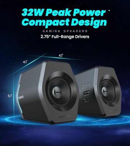 Edifier Hecate RGB Gaming Speakers, 32W Peak Power, Bluetooth 5.1, Game/Movie/Music Modes, 12 RGB Lighting Effects, Compact Design for PC/PS4/Desktop - Black | Game/Movie/Music Modes, 12 RGB Lighting Effects, Compact Design for PC/PS4/Desktop, 2.75" Full-