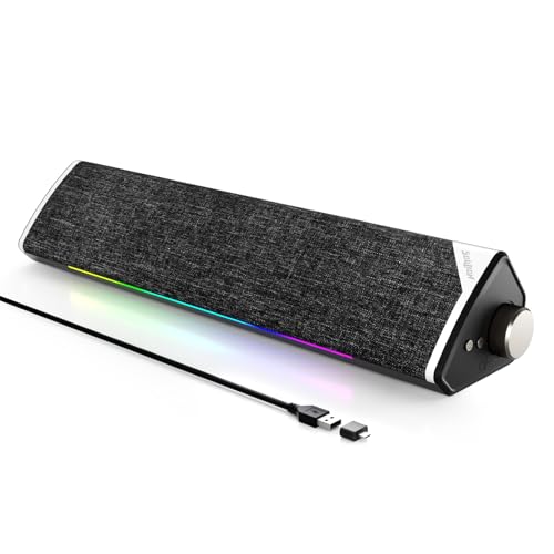 SOULION USB-Powered Wired Bluetooth Computer Speakers for PC Desktop | USB Plug & Play, 5 Dynamic RGB LED Lights Modes, for Desktop, Laptop, Office, Work, Music & Gaming - color: Black