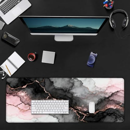 Large Mouse Pad, Desk Mat Computer Keyboard Pad Non-Slip Rubber Base Waterproof with Stitched Edges for Laptop Gaming, Office & Home 31.5 x 11.8 Inch (Pink Golden Marble) - color: Pink Golden Marble