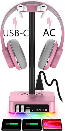 KAFRI RGB Headphone Stand with USB Charger Desk Gaming Headset Holder Hanger Rack with 3 USB Charging Port and 2 Outlet - Suitable for Gamer Desktop Table Game Earphone Accessories Girlfriend Gift - color: Pink