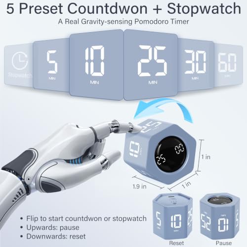 Rotating Pomodoro Timer 5, 25, 10 30,60 Mins Preset Stopwatch, Desk Flip ProductivityTimer, ADHD Tool Hexagon, Vibration/Mute/Alarm, for Work, Study, Back to School, Kitchen, Blue - color: Blue