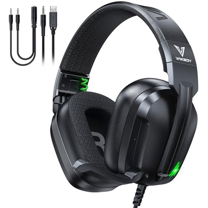 Vakedy Wired Gaming Headset for Xbox,PS5,PS4,PC,Switch, RGB 50mm Drivers | Foldable lightweight frame, plush memory foam cushions, clear chat, quick mute/volume wheel and USB-powered RGB glow - color: Phantom Black