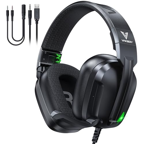 Vakedy Wired Gaming Headset for Xbox,PS5,PS4,PC,Switch, RGB 50mm Drivers | Foldable lightweight frame, plush memory foam cushions, clear chat, quick mute/volume wheel and USB-powered RGB glow - color: Phantom Black