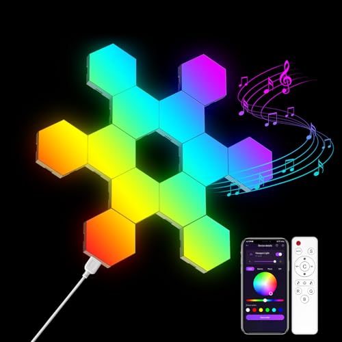 OJQ 12 Pack Hexagon Lights Wall RGB Panel - Led Lights Gifts for Men/Women | Room Decor Lamp for Bedroom Gaming Equipment Gamer Supps Honeycomb Shape Panels Hexagon Gaming Lights - color: Multicolor-4