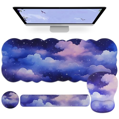 Petmolico Desk Pad Set with Wrist Rest for Keyboard & Mouse, Cloud Sky | Anti-slip PU base, durable Lycra & memory foam, relieves wrist fatigue, perfect for work, home & daily use - color: Purple&blue