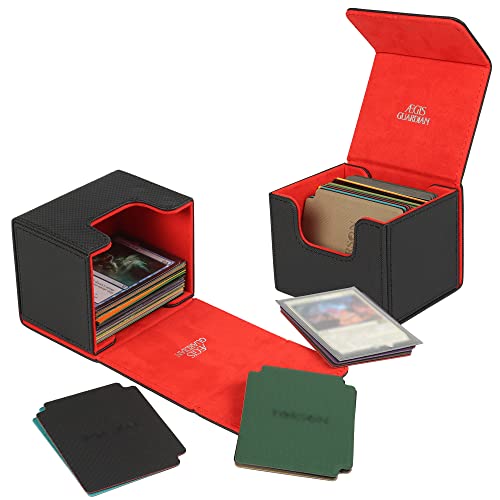 AEGIS GUARDIAN Card Deck Box for MTG, Commander Deck Box Hold 120+ Sleeved Cards, Leather Strong Magnet Card Deck Case Holder for Magic Cards TCG CCG, Red Inner - color: 1-1