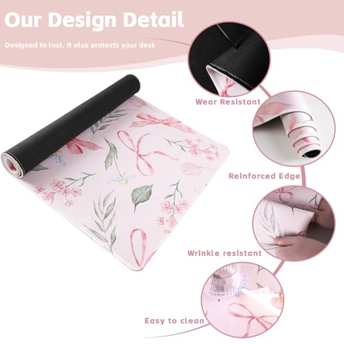 Baziabbo Pink Desk Mat,XXL Extended Big Mouse Pad,Gaming Mousepad with Stitched Edge,Non-Slip Rubber Base Keyboard Desk Pad for Home Office Study Game - color: Bowknot Flower