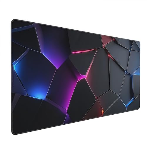 Neon 3D Geometry Desk Pad Mouse Pad Colorful Crack Cool Extended Gaming Mouse Pad Mat with Stitched Edge Non-Slip Base 35.4" x 15.7" - color: Neon 3D Geometry