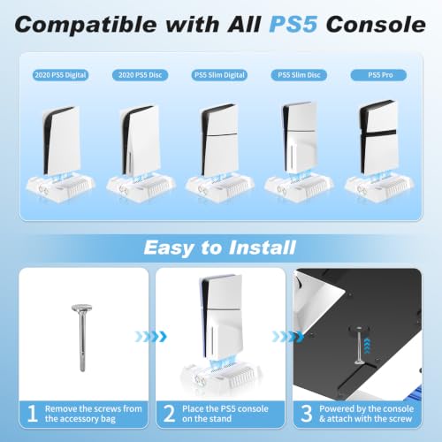 LENISUOLE PS5/Slim/Pro Stand and Cooling Station, with 3 Level Cooler Fan for PlayStation 5 Disc Digital Console, LED Dual Controller Charging Station, Headset Holder, Game Slot White - color: White
