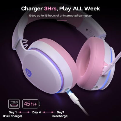 AOC 2.4GHz Wireless Gaming Headset for PS5, PS4 Fortnite & Call of Duty/FPS Gamers, PC, Switch, Bluetooth 6.0 Gaming Headphones with Noise Canceling Mic, 7.1 Virtual Surround, 45Hr Battery - Pink - color: Pink