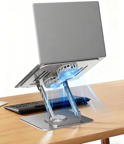 Laptop Stand for Desk with Quiet Cooling Fans - 360 Rotating Base Ergonomic Computer Stand, Aluminum Laptop Riser Foldable Protable for Office Home fits MacBook Air Pro, Dell, HP (10-17.3'') (silver) - color: silver