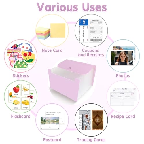 DHATMYC 4x6Index Card Holder Organizer 3x5Flash Note Card Storage Box,PUR | A6 File Case Flashcard Notecard Container with Dividers and 13 Expandable Pockets for Recipe Coupon Stickers Scrapbook Paper - color: PURPLE