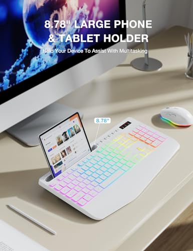 Wireless Keyboard and Mouse Combo - 9 Backlit Effects, RGB, 2.4Ghz | Ergonomic Wrist Rest, Phone Holder, Rechargeable, Full Size, KM22 MAX Silent Set for Computer, Laptop, Mac, Windows (White) - color: Cloudy White