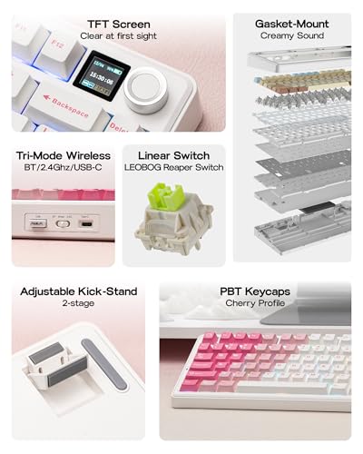 EPOMAKER X Aula F75 MAX Wireless Mechanical Keyboard with TFT Screen and Knob, Gasket Keyboard in 75% Layout, Hot Swappable Gaming Keyboard for PC/Mac/Linux (White Pink) - color: White Pink