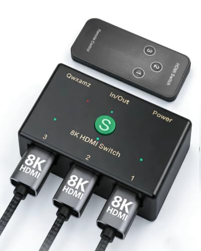 HDMI 2.1 Switch 3 in 1 Out 8K@60Hz, 4K@120Hz HDMI Switcher Wireless Remote | Power By HDMI Cable, Gaming Console, Streaming Device, Home Theater, Projector, Slim Dimension, Long Remote Distances