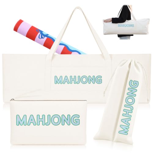 3 Pcs Extra Long Mahjong Bag Set 37 Inch Canvas Carry Tote Bag for Full Set Drawstring Rack Pusher Storage Sleeve Zippered Tile Pouch for Tiles Rack Mat Accessories(Beige,Classic) - color: Beige