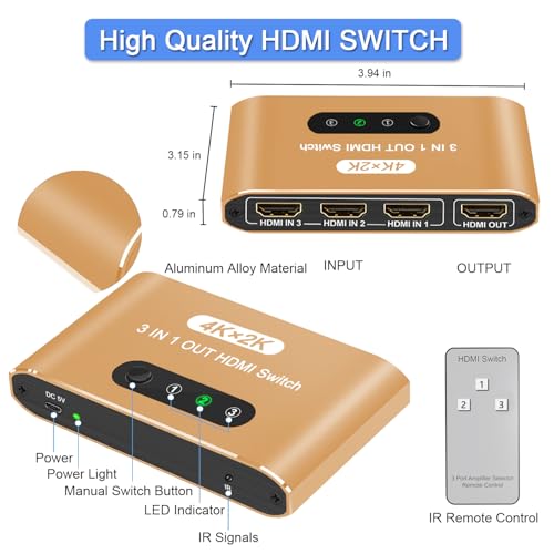HDMI Switch 3 in 1 Out, 4K@60Hz HDMI Splitter with Remote Control, 3 Ports HDMI Switcher, Perfect for Full HD 4K 1080P 3D Video Roku Fire TV Blu-ray Players Stick Apple PS4/PS5 Xbox Chromecast (Gold) - color: Gold