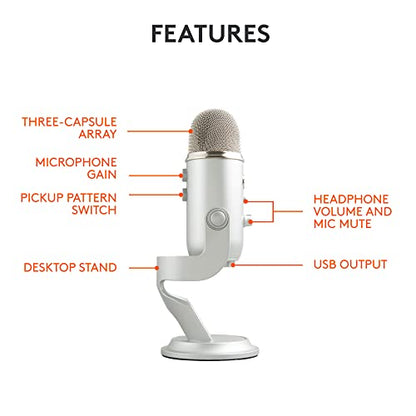Logitech Creators Blue Yeti USB Microphone for PC, Mac, Gaming, Recording, Streaming, Podcasting, Studio and Computer Condenser Mic with Blue VO!CE Effects, 4 Pickup Patterns, Plug and Play - Silver | Tri-Capsule Condenser USB Mic, 4 Pickup Patterns, Bidi
