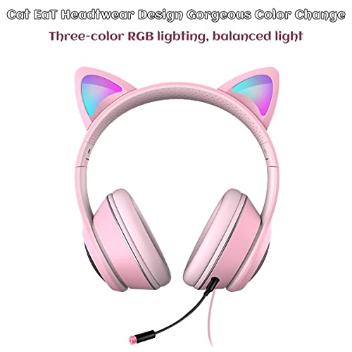 Cat Ear Gaming Headphones Wired AUX 3.5mm with LED Light, VIGROS Flashing Stereo Game Headphones Surround Sound Over-Ear Headsets with Microphone Fit Kids & Adult for PC, PS4, Switch, Mobile, Laptop - color: Pink