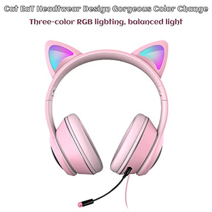 Cat Ear Gaming Headphones Wired AUX 3.5mm with LED Light, VIGROS Flashing Stereo Game Headphones Surround Sound Over-Ear Headsets with Microphone Fit Kids & Adult for PC, PS4, Switch, Mobile, Laptop - color: Pink
