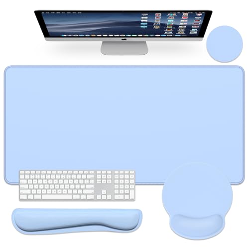 Dapesuom Large Gaming Mouse Pad, Mouse Pads with Wrist Rest Wrist Support, 4in1 Big XXL Desk Mat Desk Pad + Ergonomic MousePad + Memory Foam Keyboard Mat Wrist Rest + Coaster Set for Computer,Sky Blue - color: Sky Blue
