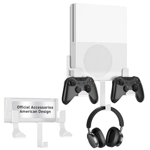 Wall Mount for Xbox One S, Metal Wall Mount Holder for Xbox One S with Detachable 2 Controller Holder & Headphone Hanger - color: Mount for Xbox One S-White