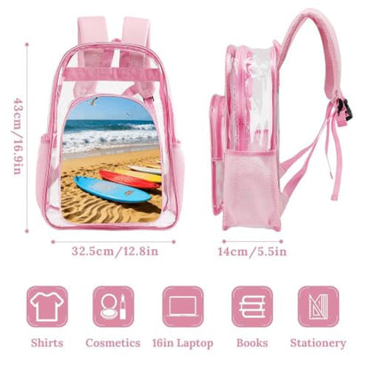 16" Clear Backpack Waterproof Stadium Bag for Security | Beach Surfboard, Transparent Backpack Stadium Events, Heavy Duty Bookbag, See Through Bag for Sports Festivals Travel - color: Pink