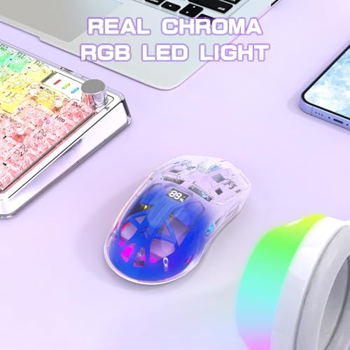 ZIYOU LANG A2 Transparent Wireless Gaming Mouse with Battery Level Display,Bluetooth/2.4G Wireless PC Mice,3D RGB Backlit,5 Million Clicks,PixArt 3212,up to 4000 DPI for Win/MAC,Purple - color: Purple