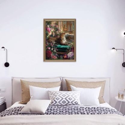 Vibrant Glamorous Leopard in Lush Floral Bath Space Wooden Jigsaw Puzzles for Adults 500 Pieces, Relaxing Escape from Daily Stress, Living Room Display Project, Party Game,Home Decor