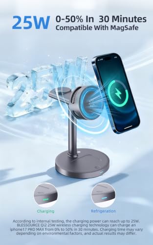 25W Wireless Charger 3 in 1 Magnetic Charging Station with TEC Active Cooling, Qi2.2 Certified Fast Charging Stand for iPhone 17 Pro Max/16/15, Apple Watch & AirPods, 65W Adapter Included