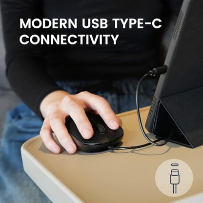 Perixx PERIMICE-222C USB Type C Wired Optical Mouse, 5.9 Ft Cable, Adjustable 1200/1600/2000 DPI, Silent Click, Ambidextrous, Black - style: USB Type-C
