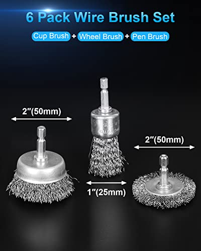 Rocaris 6 Pack Carbon Steel Wire Wheel Brush, Wheel Brush for Dill | 1/4-Inch Hex Shank, Cup Brush Set, Pen Brush for Rust Removal, Corrosion and Scrub Surfaces
