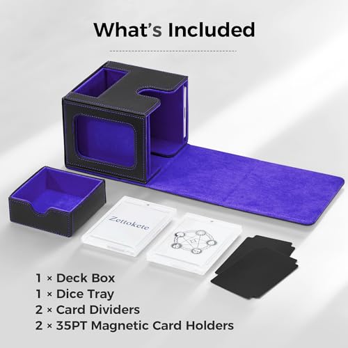 MTG Commander Deck Box with Dual Display Windows and Dice Tray | Fits 100 Double-Sleeved Cards, PU Leather, 2 Magnetic Card Holders, 2 Dividers, Black & Purple - color: 2. Black & Purple
