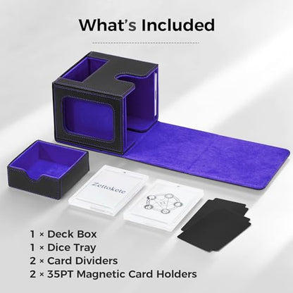 MTG Commander Deck Box with Dual Display Windows and Dice Tray | Fits 100 Double-Sleeved Cards, PU Leather, 2 Magnetic Card Holders, 2 Dividers, Black & Purple - color: 2. Black & Purple