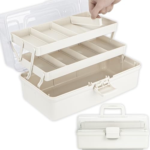 TERGOO 14in 3-Layer Multipurpose Craft Organizers and Storage with Adjustable Dividers, Portable Tackle Box, Folding Art & Craft Case for Medicine, Tool, Sewing Organizer (White, X-Large) - color: White, size: X-Large