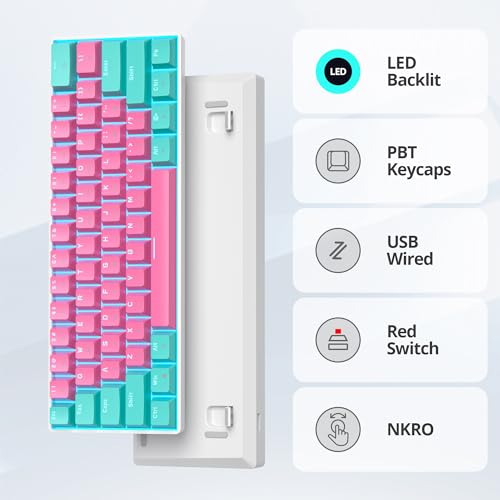 60 Percent Gaming Keyboard Mechanical with Linear Red Switch, 60% Wired Ultra-Compact Mini Keyboard LED with PBT Keycaps for Ps4/Ps5/Xbox（61 Miami） - color: 61 Miami/Red Swicth
