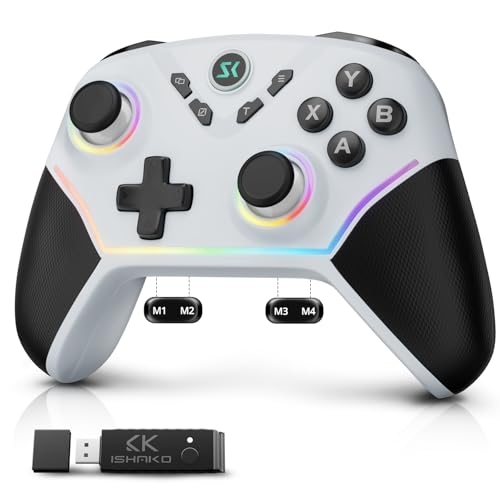 ISHAKO Wireless Gaming Controller with Hall Effect Joysticks&Triggers, 1200mAh Battery, 1000Hz Polling Rate, 4 Back Buttons, RGB Lighting – Works with PC Windows/Mac/Steam/Luna/Tesla/Switch- White - color: Silver