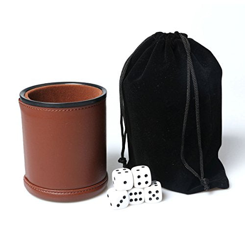 Leather Dice Cup Set Felt Lining Quiet Shaker with 5 Dot Dices for Farkle Yahtzee Games,Brown - color: Brown