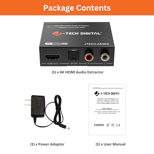 J-Tech Digital 4K@60Hz HDMI Audio Extractor with ARC, HDMI to RCA & Optical Converter, Dolby Digital/DTS Stereo Support for TV, Gaming Consoles, Blu-ray, Laptop [JTECH-AE4KA]