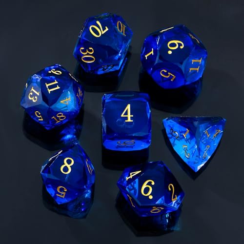 Resin DND Dice Set, 7 Pieces Handmade Sharp Edge Polyhedral Dice for Role Playing Game, Dice Accessory for D&D RPG Players and Starters d4 d6 d8 d10 d12 d20 with Gift Box (Blue) - color: Blue