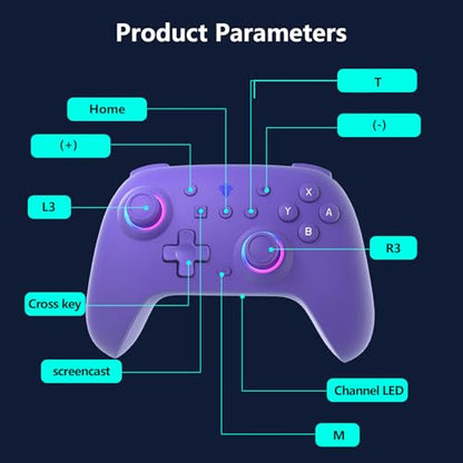 SZYUYU Switch Controller for Switch 2,Switch Pro Controller for Switch/OLED/Lite/PC with 7 Colors LED Light/3-level TURBO Adjustable,4-Speed Dual Vibration/Hall Effect Sticks/Wake Up/Gyro Axis Motion(Purple) - color: Purple