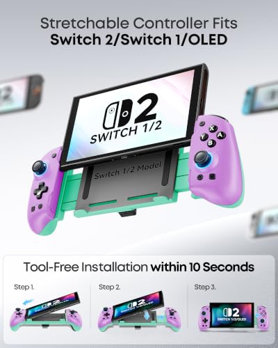 OIVO VGA DESIGN Switch Controller Handheld for 1/2/OLED, Ergonomic Grip Stretch Joypad for SW Console, Wireless Controller with TMR Joysticks, RGB Lighting, Turbo, 4 Macros & Card Slot - color: Purple & Green
