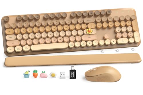 Wireless Keyboard and Mouse Combo, Full-Size Retro Typewriter Keyboard with Round Keycaps, Magnetic Wrist Rest & Tilt Legs, 2.4GHz Cordless for Mac/Windows PC/Laptop, SABLUTE CK23, Latte Gradient | Full-Size Retro Typewriter-Style Keyboard, Tilt Legs, Aut