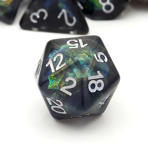Haxtec DND Dice Set 7PCS Resin Dice Set Black with Bag, Iridescent Mylar Inclusion Polyhedral D&D Dice for Roleplaying Dice Games Compatible with Dungeons and Dragons - color: Black Green Silver