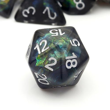 Haxtec Black DND Dice Set, 7 Pcs Iridescent Resin Polyhedral RPG Dice | Role Playing Games Dice with Velvet Pouch, Rounded Edge, Compatible with Dungeons and Dragons, Gifts for D&D Lovers - color: Black Green Silver