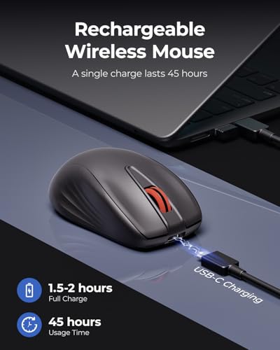 wegear Rechargeable Silent Wireless Mouse, 2.4G USB Computer Mice-Black | Cordless Mouse with 6 Buttons, Quiet Click, Ambidextrous Grip, Adjustable DPI for Laptop, PC, Mac