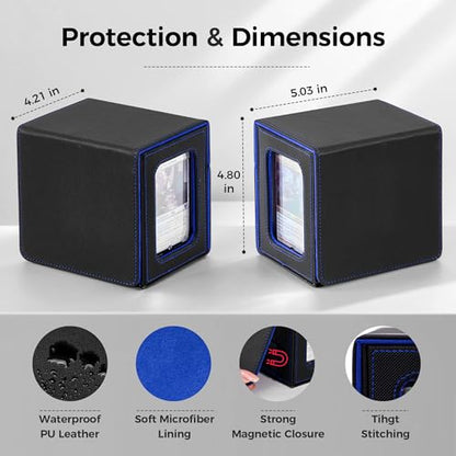 MTG Commander Deck Box with Dual Display Windows and Dice Tray | Fits 100 Double-Sleeved Cards, PU Leather, 2 Magnetic Card Holders, 2 Dividers, Black & Blue - color: 2. Black & Blue