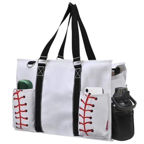 NGIL Work Tote Bag with Exterior Pockets | Teacher Tote, Nurse Bag, Mom Bag, Work Tote for Women, Designed in USA - color: Baseball-white