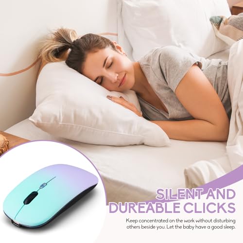 Wireless Bluetooth Mouse,LED Dual Mode Rechargeable Silent Slim Laptop Mouse,Portable(BT5.2+USB Receiver) Dual Mode Computer Mice,for Laptop,Desktop Computer,ipad Tablet,Phone,Mac(Green purple) - color: Gradient Green purple