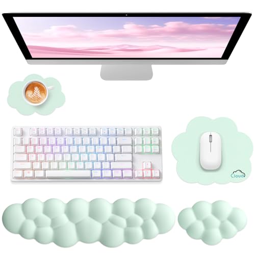 Sushret Cloud Wrist Rest for Computer Keyboard and Mouse Pa, Light Green | Memory Foam, Leather, 4-in-1 Cloud Keyboard Wrist Rest Set with Ergonomic Support for Arm and Palm Cushion, Gaming/Work Setup - color: 06 Light Green Set, size: Tenkeyless